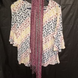 Floral V-Neck Blouse with Pink Scarf